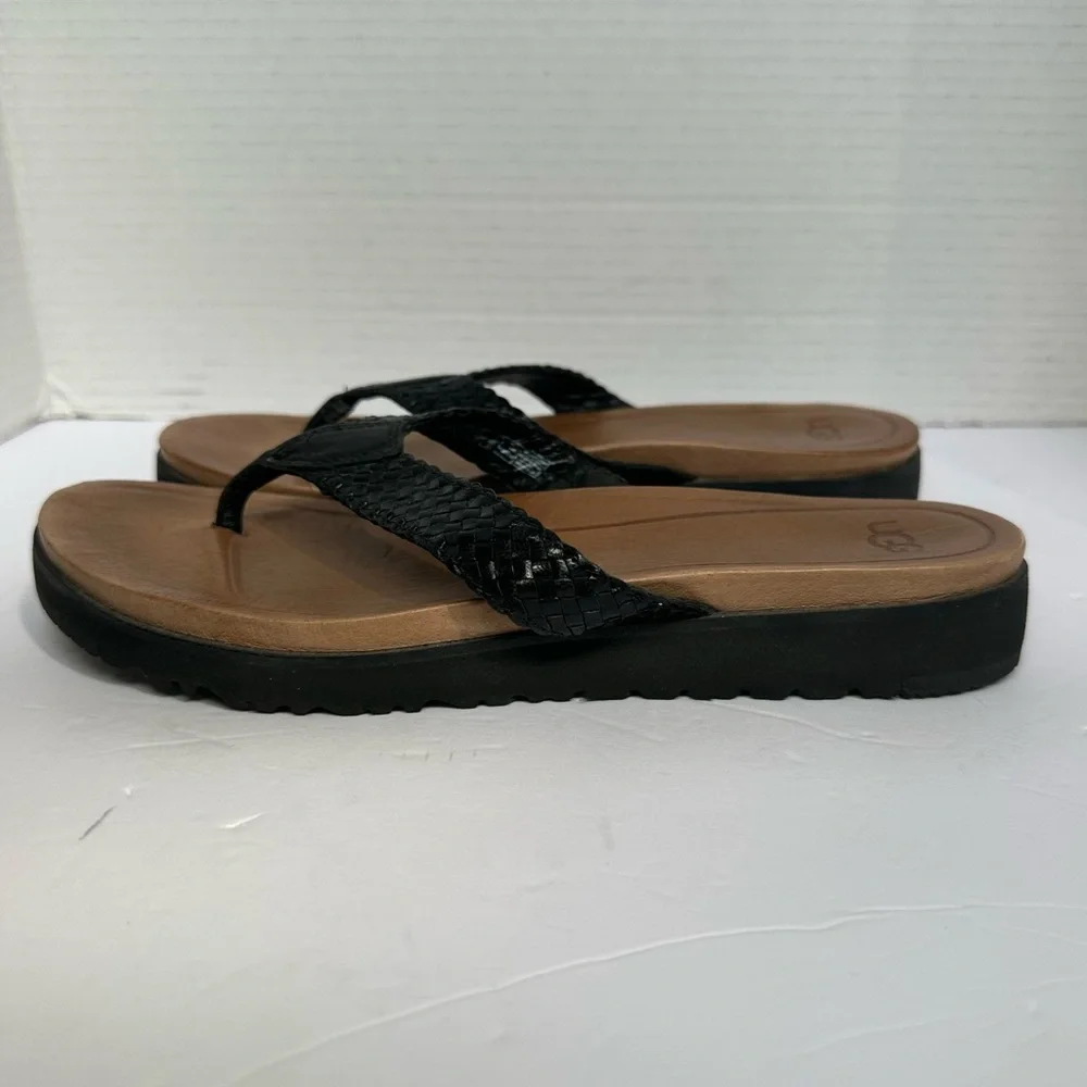UGG Women's Black and Tan Lorrie Leather Woven Thong Sandals- Size 8